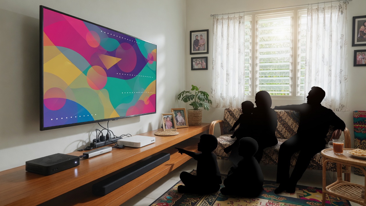Keluarga menonton televisi di ruang tamu yang terang