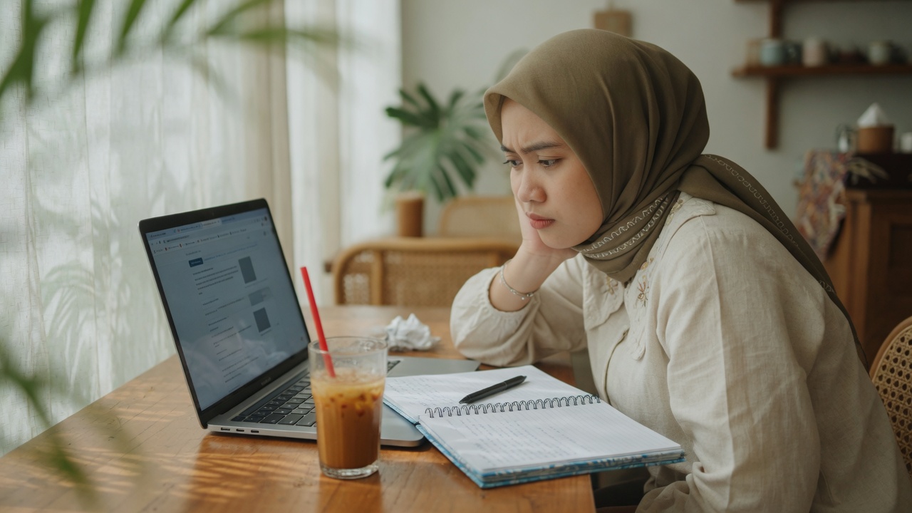 Seseorang meneliti informasi di laptop di meja kafe