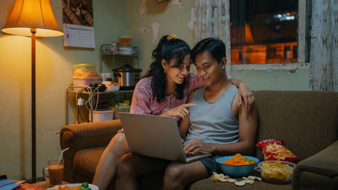 Dua orang di sofa menonton bersama dari laptop pada malam hari