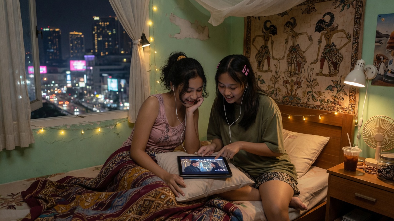 Dua teman menonton drama di tablet sambil berbagi earphone